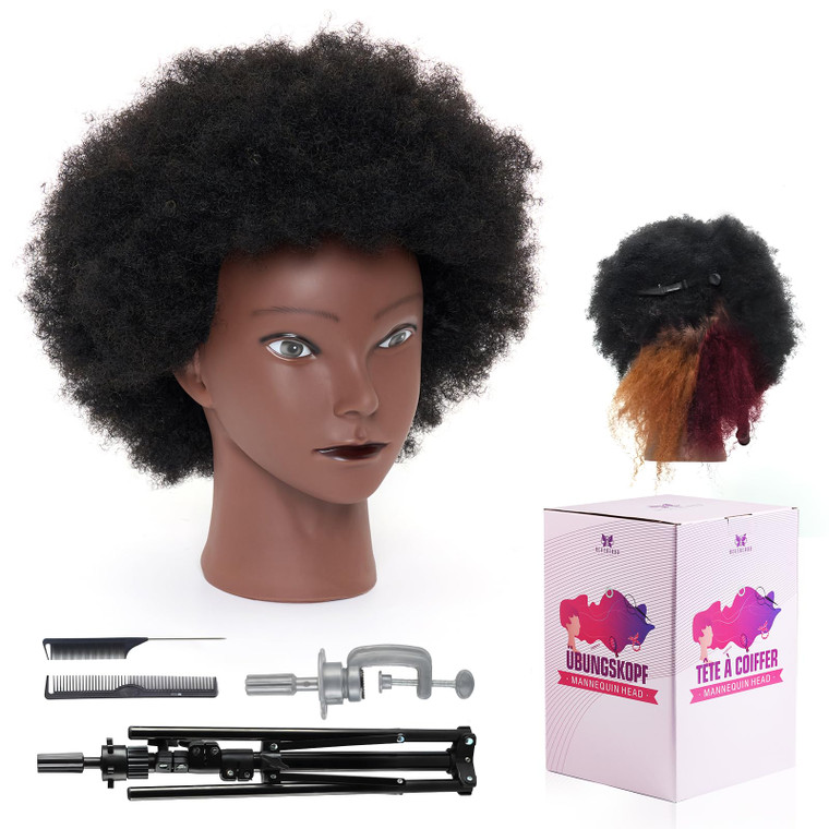 100% African Mannequin Head Human Hair,4C Afro Curly Cosmetology Manican Manikin Doll Head with 47 Mannequin Head Stand,Table Calmp,Braiding Set for