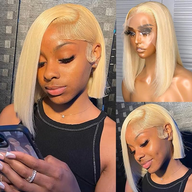 613 Bob Wigs 13x4 HD Lace Front Blonde Human Hair Silky Straight Middle Part Bob Wigs Bleached Knots Glueless 180% Density 613 Blonde with Natural Ha