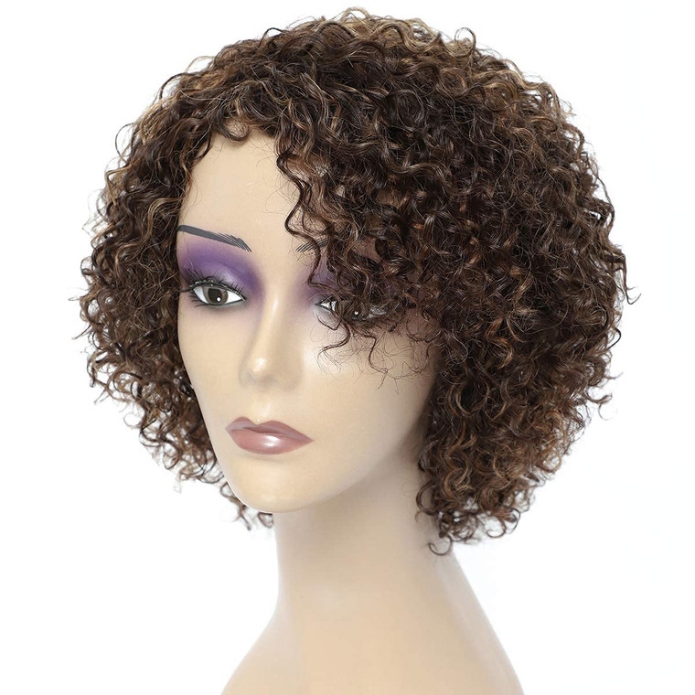 HUA Kinky Curly Short Wigs for Black Women Human Hair Chocolate Brown Mix Medium Auburn Curly Human Hair Wigs for Black Women Glueless 4/30 Color Sho