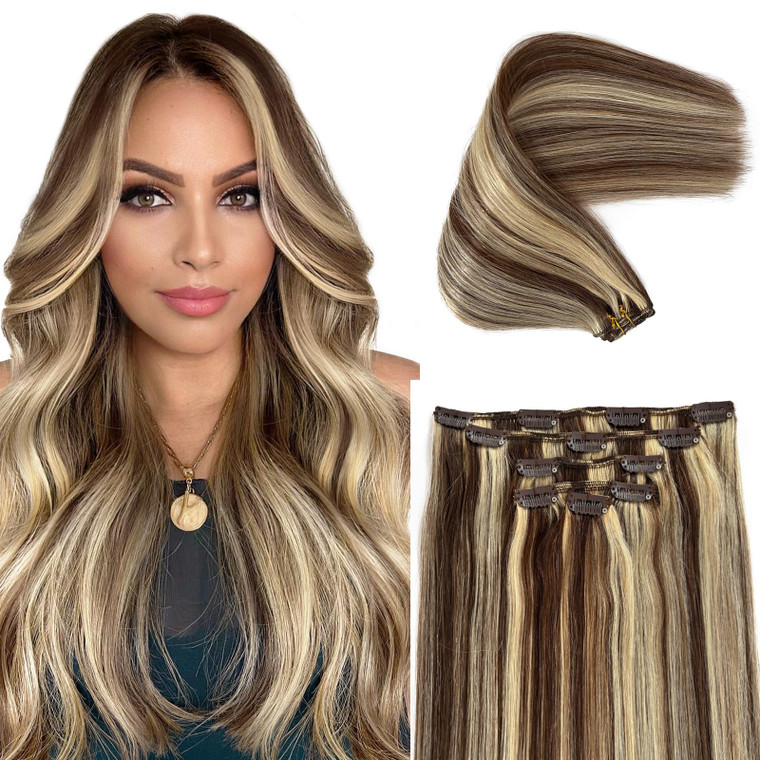 Licoville Human Hair Extensions Blonde and Brown Clip in Hair Extensions Real Human Hair Seamless Straight Blonde Highlights Medium Brown Clip ins fo