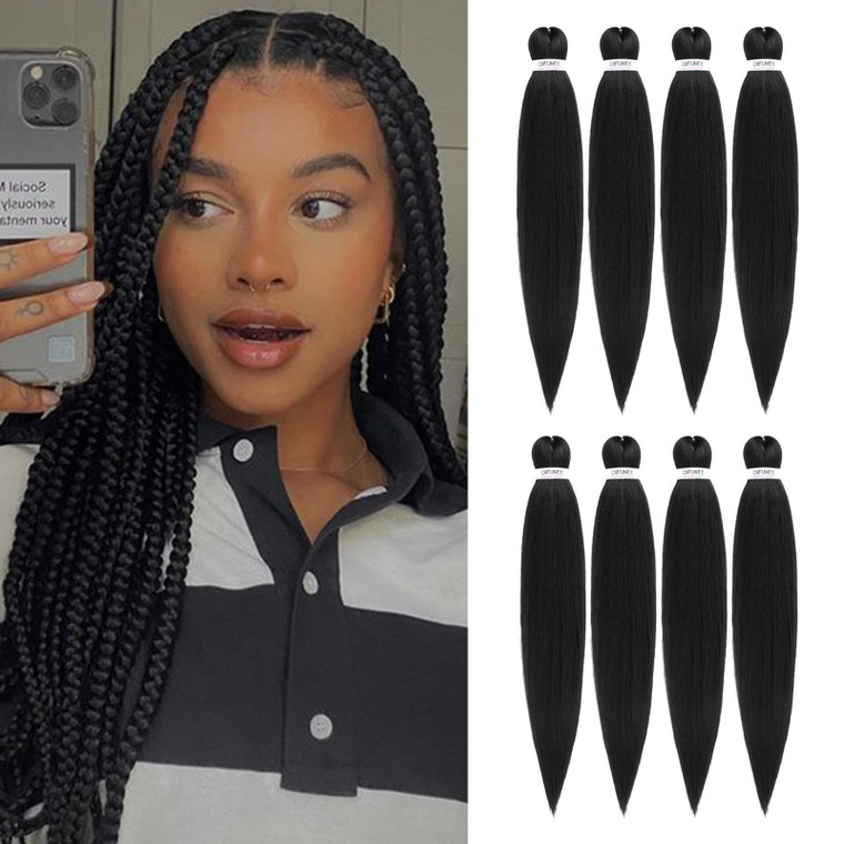 DIFUNEE Pre-stretched Braiding Hair - 22 Inch 8 Packs Natural Black Long Braiding Hair For Twist or Box Braids, Yaki Texture Hot Water Setting Synthe
