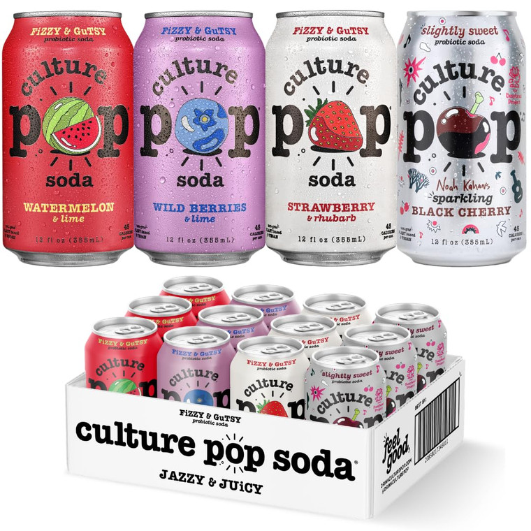 Culture Pop Soda, Jazzy & Juicy Variety Pack, Probiotic Low Sugar Soda, Sparkling Juice Alternative, Non-GMO, Kosher, Gluten-Free, No Stevia (Multipa
