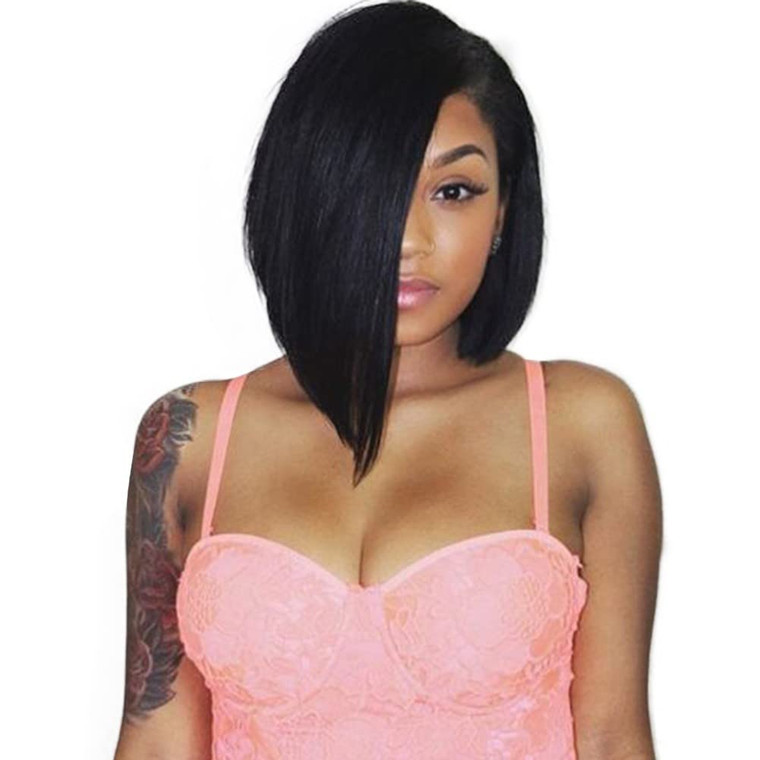 quickwig 14 inch Black Short Bob Wigs Straight Hair Wig Side Part Bowl Cut Cosplay Wig Heat Resistant Natural Looking Synthetic Full Wigs for Women(N