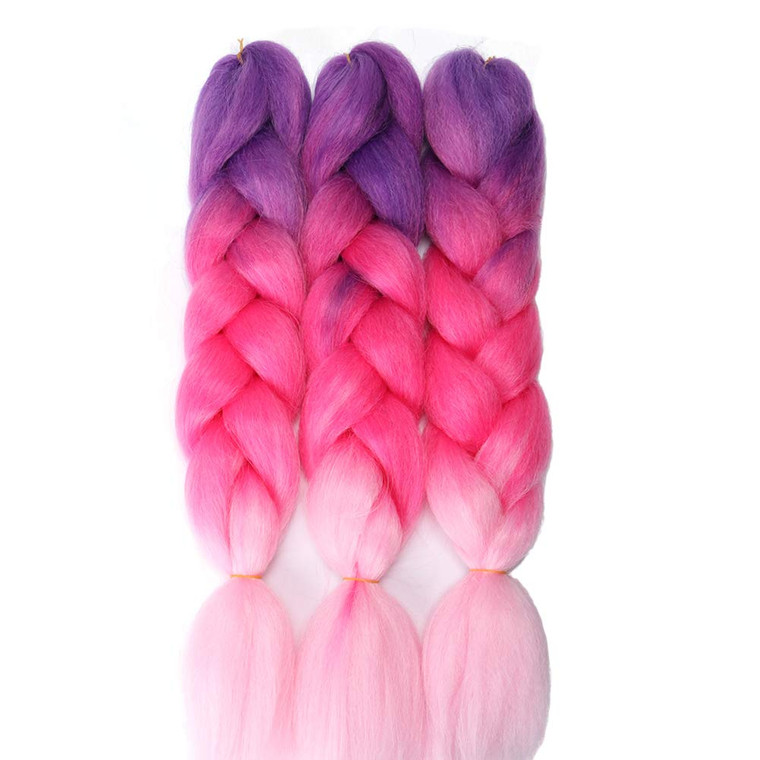 Imierfa Braiding Hair, Pink Hair Extensions, 3 Tone Pre Stretched Braiding Hair Color Purple Peach Red Pink 24" 3PCS