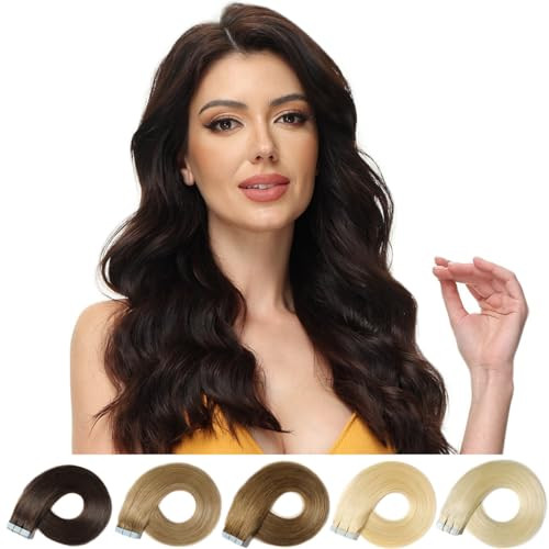 ROSEBUD Tape in Hair Extensions REMY Human Hair, Secure Skin Weft Hair Extensions Seamless 40g/Pack 20Pcs 14 Inch Golden Brown & Bleach Blonde Mixed