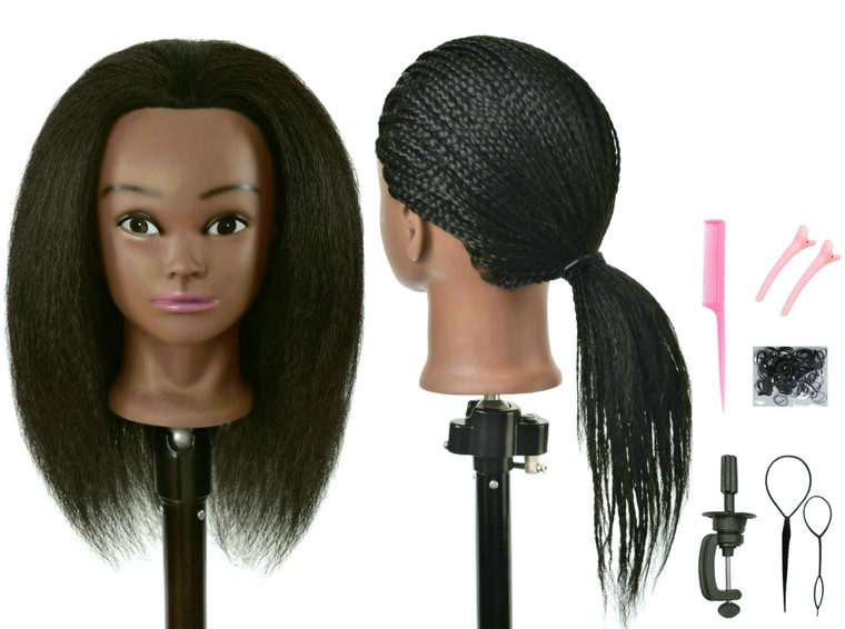 RYHAIR 22 Inch Real 100% Human Hair Mannequin Head with Stand for Cosmetology Manikin Practice Training Head Braiding Styling Curling Cutting Updos D