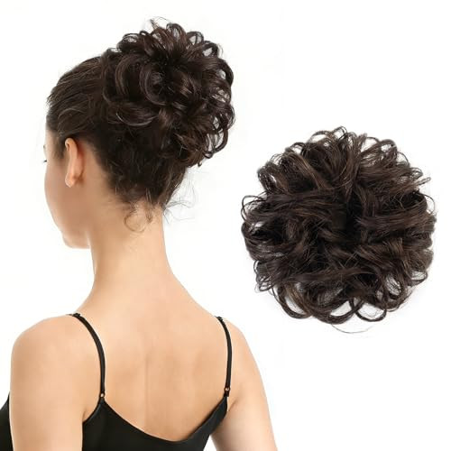 BARSDAR 100% Human Hair Bun Extension - Real Human Hair Dark Brown Messy Bun Scrunchie for Women - Elastic Wavy Brown Updo Extensions Thick Soft Fluf