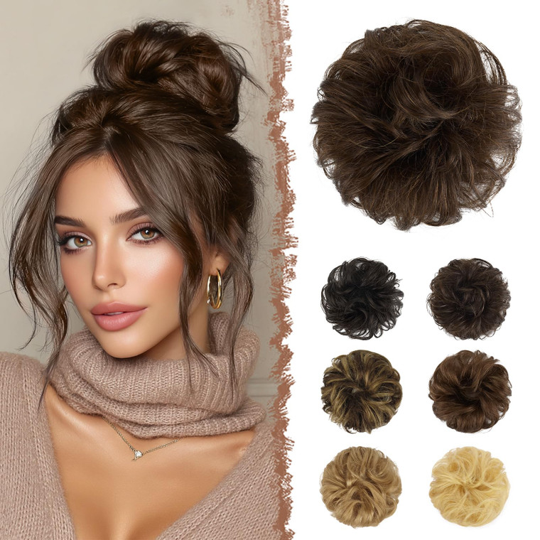FESHFEN Human Messy Buns - 100% Human Hair Bun Real Scrunchies Hair Pieces Ponytail Extensions Wavy Tousled Updo Chignon Hairpieces for Women, Medium