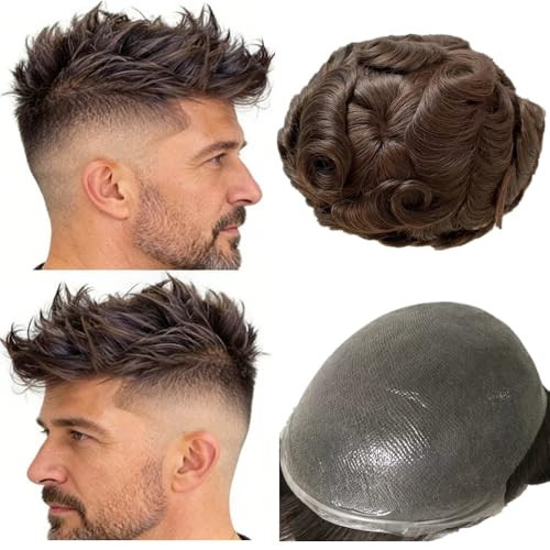 N.L.W. European human hair toupee for men with transparent Thin skin PU 10x8 natural wave hair pieces prosthesis implant replacement system for man #
