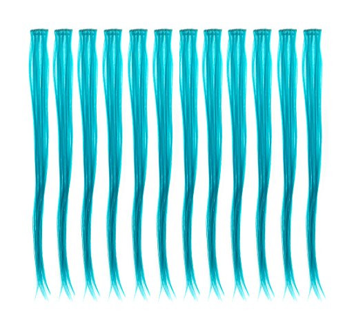 SWACC 12 Pcs Straight One Color Party Highlights Clip on in Hair Extensions For Women Colored Hair Streak Synthetic Hairpieces (Teal Blue)