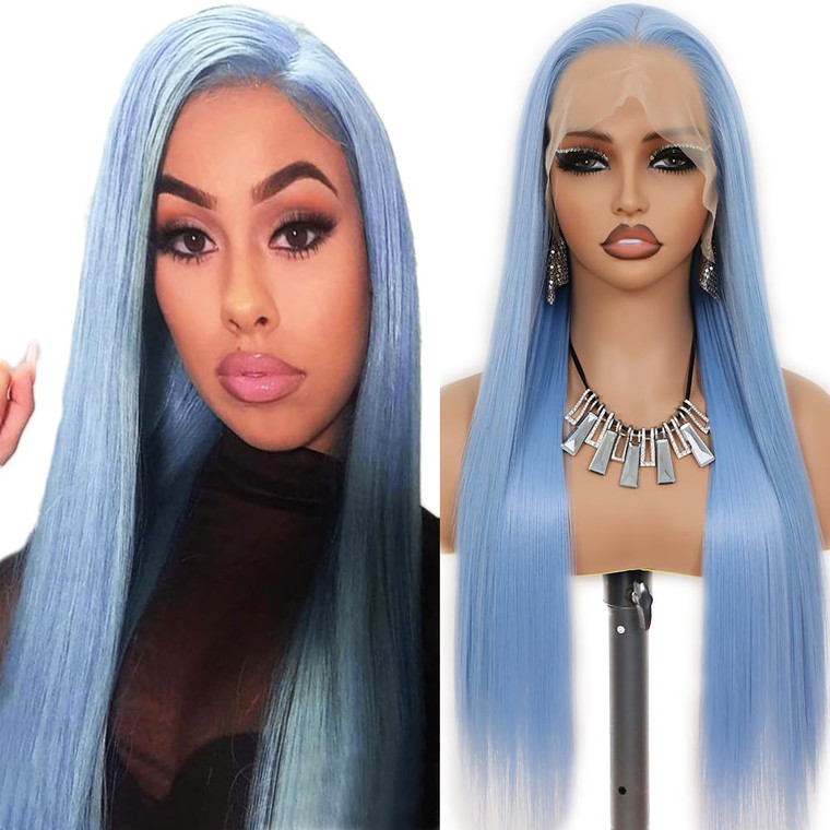 Maycaur Light Blue Lace Front Wigs Long Straight Glueless Wigs for Fashion Women Pre Plucked Hairline 24 Inch Synthetic Lace Front Wig with Natural B