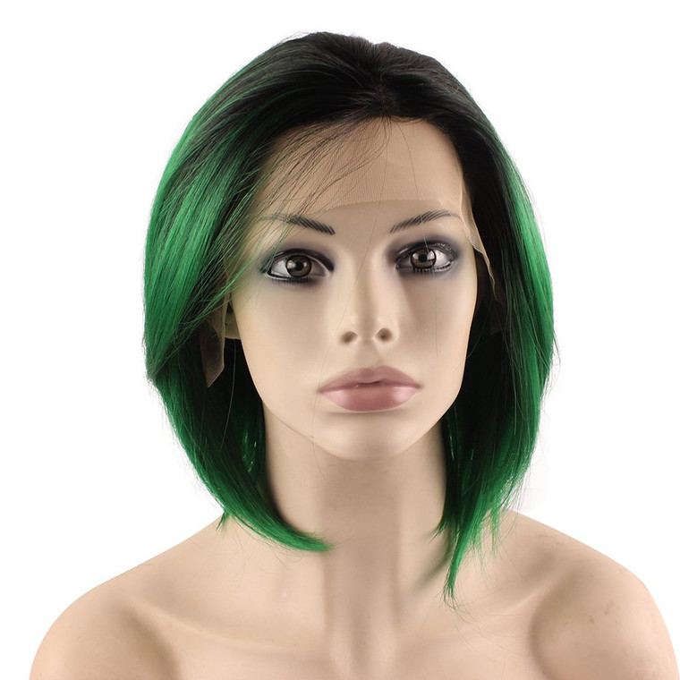 MX angel Short Straight Black Green Lace Front Natural Ombre Green Party Bob Wig