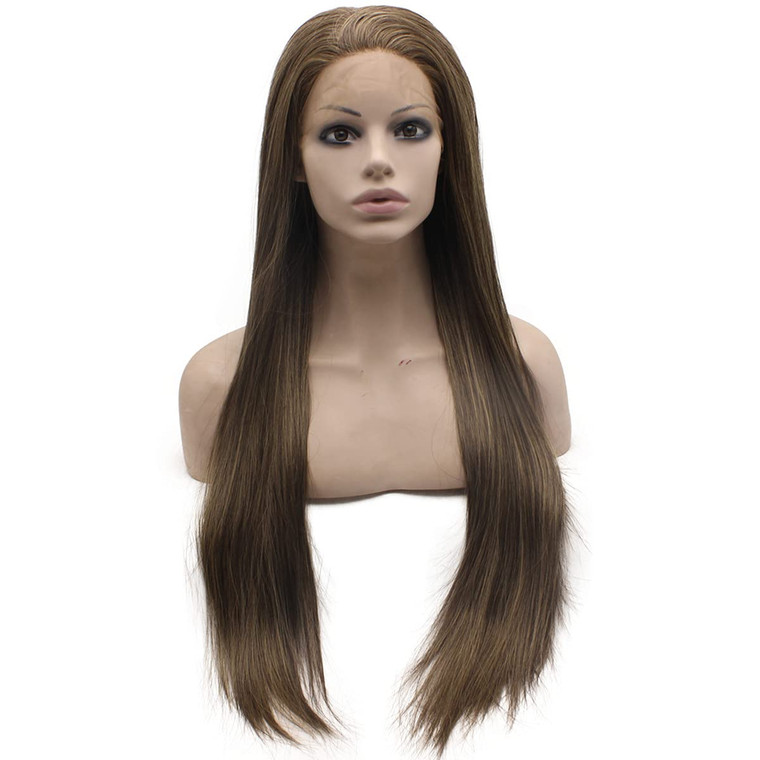 MX angel Long Brown Blonde Mix Hand Tied Synthetic Wig Lace Front Natural Heat Friendly Wig
