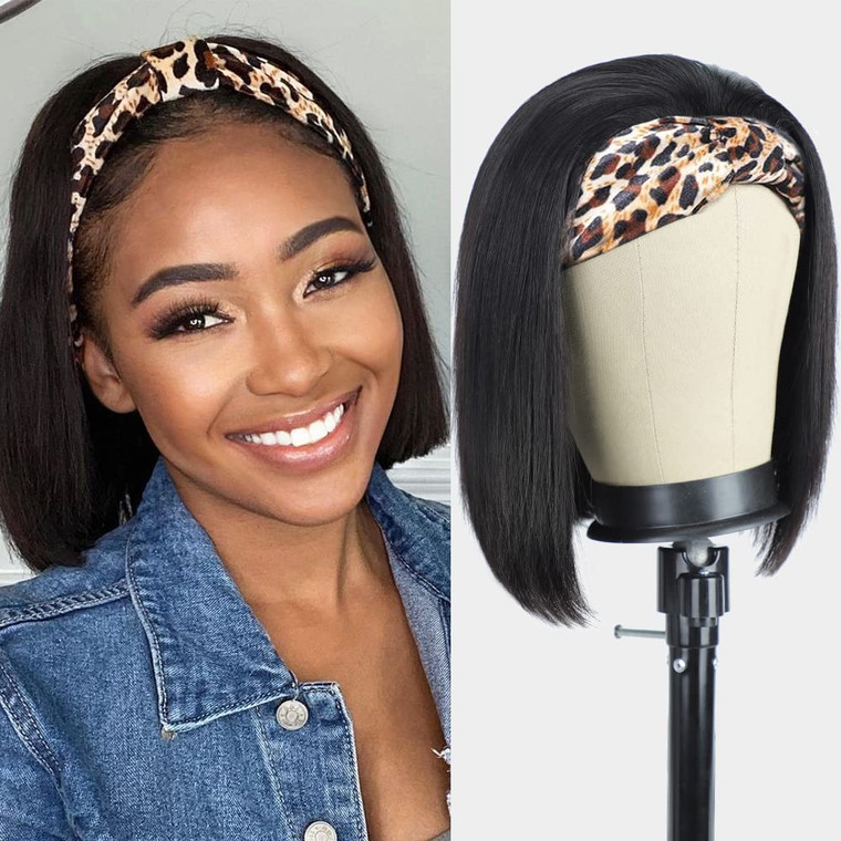 AISI Headband Wigs Human Hair Bob Headband Wigs for Black Women Easy Put On and Go Glueless Wig Short Straight Wigs Machine Made 150% Density No Lace