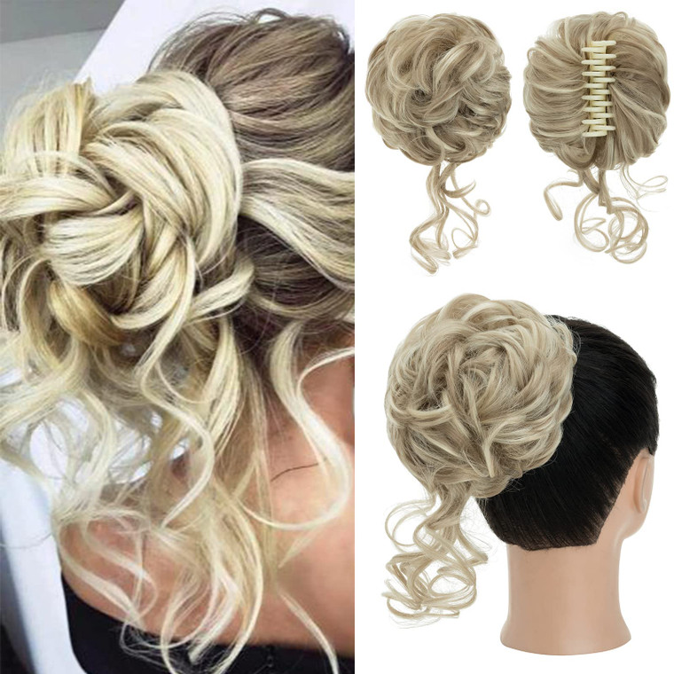 S-noilite Claw Clip Messy Bun Hair Pieces Updo Fake Hair Bun with Claw Clip in Blonde Curly Wavy Ponytail Extensions
