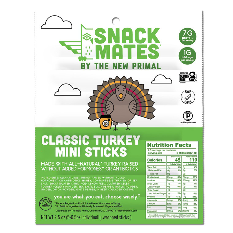 Snack Mates by The New Primal, Turkey Stick, All-Natural Turkey, High Protein and Low Sugar Kids Snack, Certified Paleo, Certified Gluten-Free, Lunch