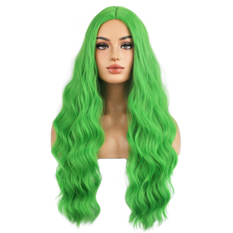 BERON Green Long Wigs for Women Girls Curly Wavy Wigs Light Colored Middle Part Heat Resistant Synthetic Wigs for Cosplay or Daily Use