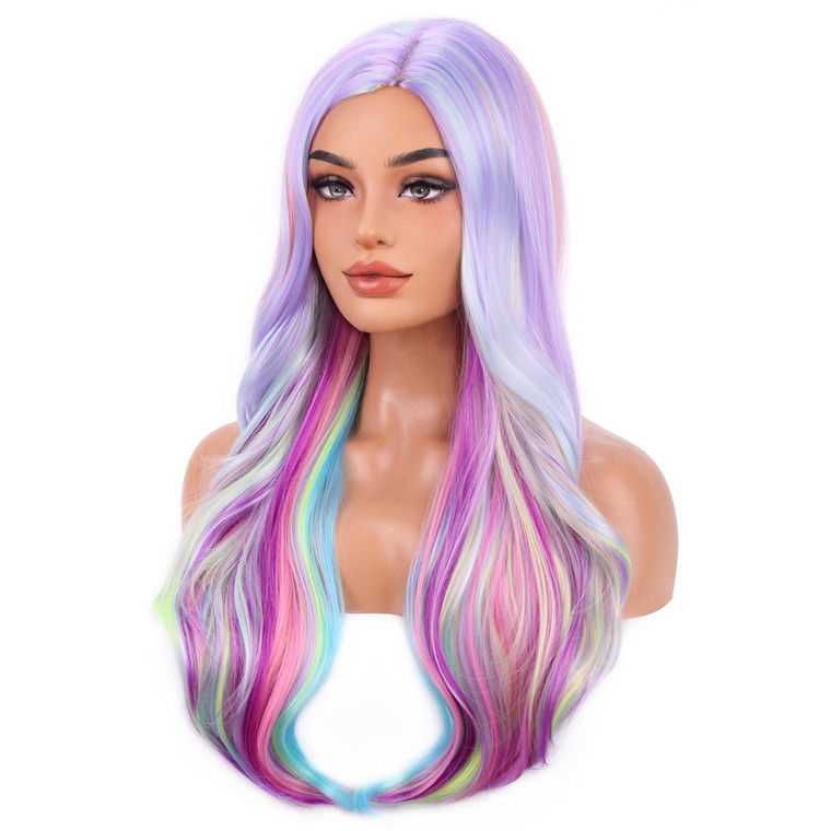 RightOn Rainbow Wig Long Curly Wig Multi-Color Wigs Charming Full Wigs for Cosplay Girls Party or Daily Use Hairnet Included