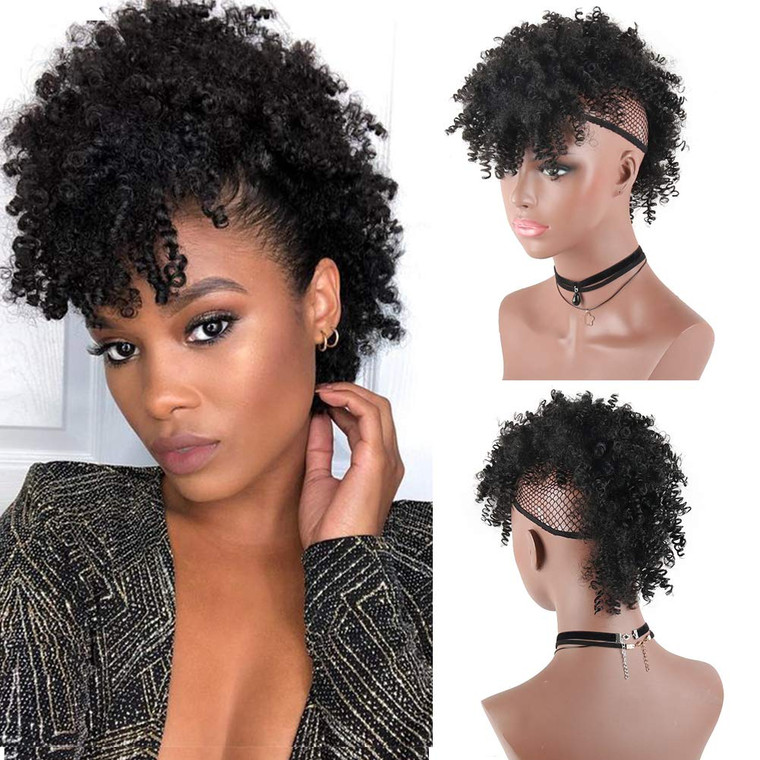 Aisaide High Puff Afro Mohawk Ponytail with Bangs No Drawstring,Short Kinky Curly No Drawstring Ponytail Extension,Synthetic Clip in Mohawk Ponytail