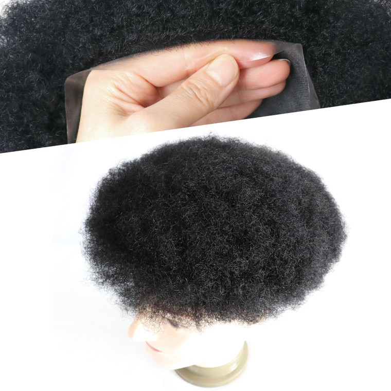 lumeng Afro Curly Toupee Male Hair Unit 100% Human Hair Wigs for Black Men Replacement Systems 8x10 inch PU Base 4MM Curly Mans Wigs1B Off Black Colo