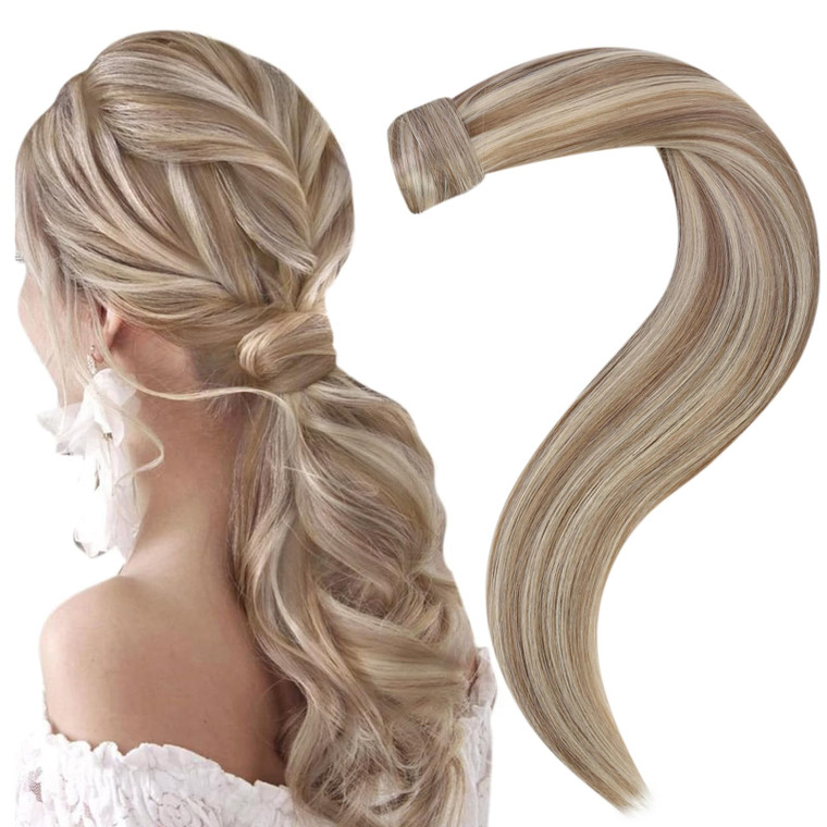 Easyouth Wrap Around Ponytail Extension Highlight Ponytail Extensions Human Hair Highlight Light Brown Mix Blonde Hair Ponytail Extension Long Straig