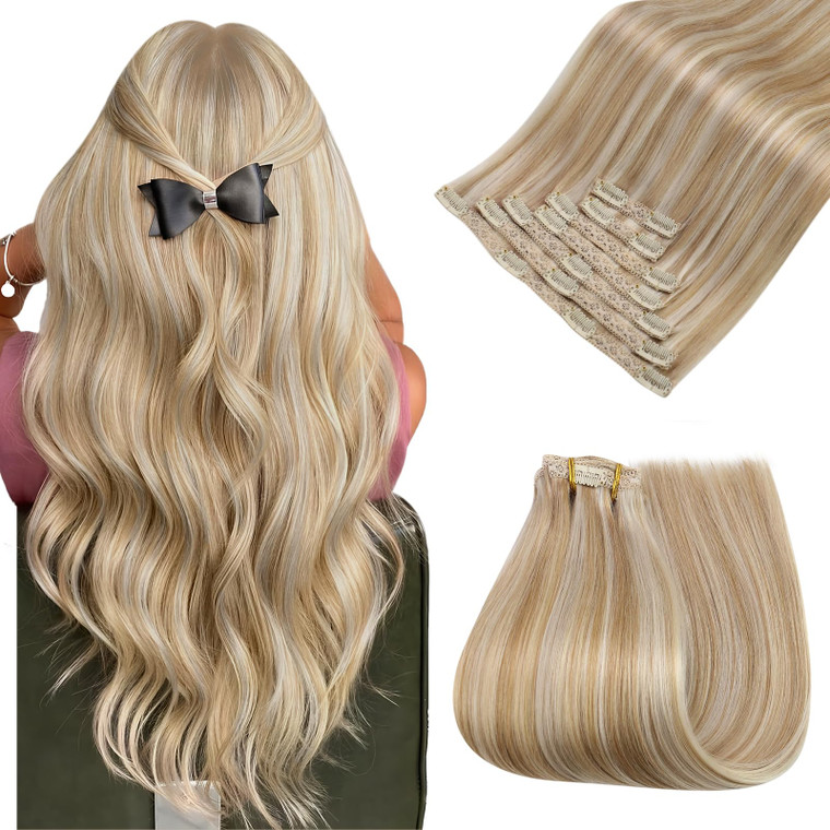 Easyouth Clip in Hair Extensions Real Human Hair Highlights Clip on Hair Extension Human Hair Honey Blonde Highlight Bleach Blonde Remy Human Hair Cl
