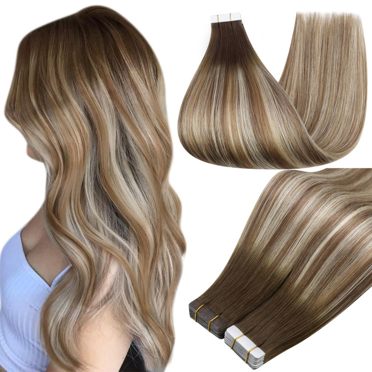 Full Shine Tape In Real Hair Extensions 18Inch Color 3 Fading to 8 Highlighted 22 Blonde Balayage Seamless Tape In Extensions Human Hair 50G Remy Hai