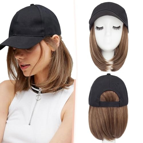 SEGO Baseball Cap with Hair Extensions for Women Heat Resistant Synthetic 6 Inch Adjustable Short Straight Hairpiece Replacement Wigs in Hat for Girl