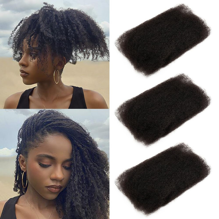 FASHION IDOL Afro Kinkys Bulk Human Hair for Dreadlock Extensions Loc Repair Braiding Twist Tight Afro Kinky Human Hair for Loc 3 Packs 150 Gram Natu