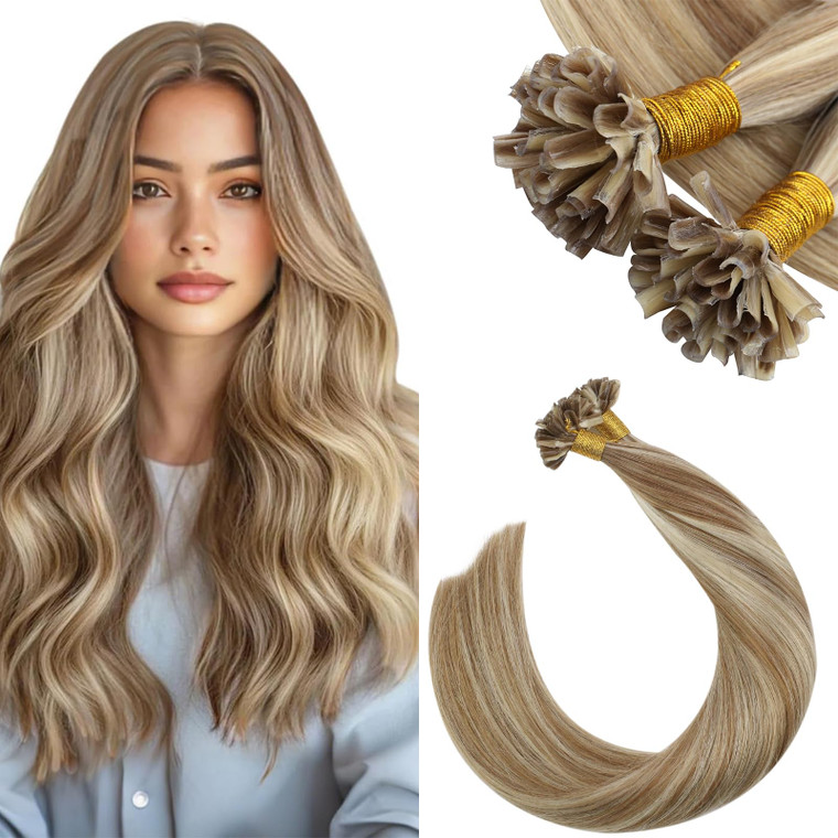 Ugeat Utip Hair Extensions Human Hair Blonde K Tip Hot Fusion Hair Extensions Golden Brown Highlight Bleach Blonde Keratin K Tip Extensions for Women