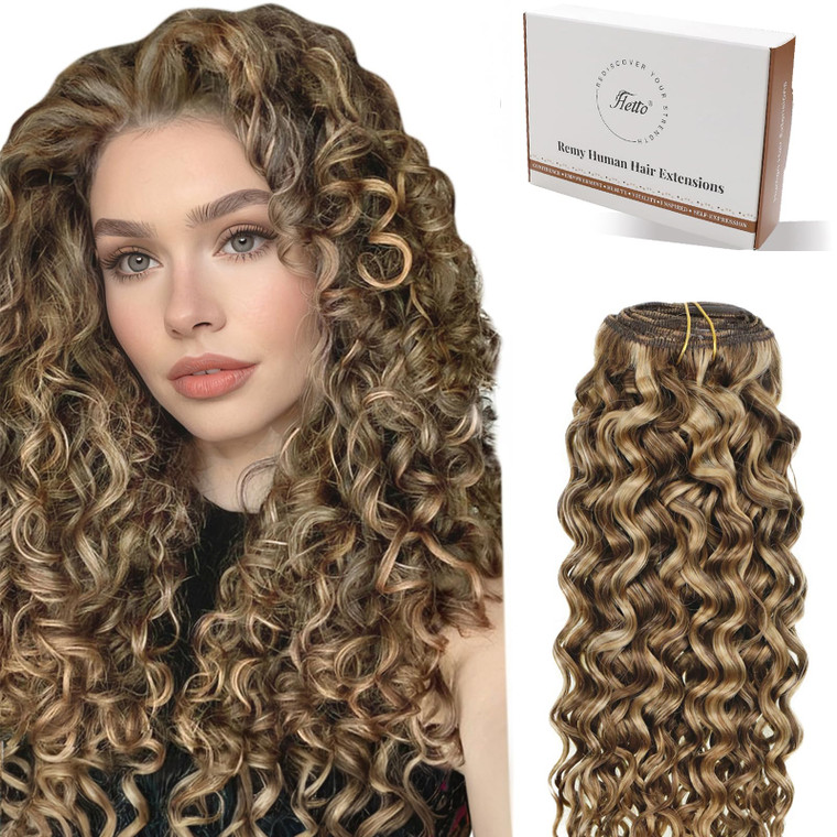 Hetto Curly Clip in Hair Extensions Clip in Extension Human Hair 7Pcs #P4/27 Light Brown Highlight Golden Blonde 16 Inch 120g Loose Curly Hair Extens