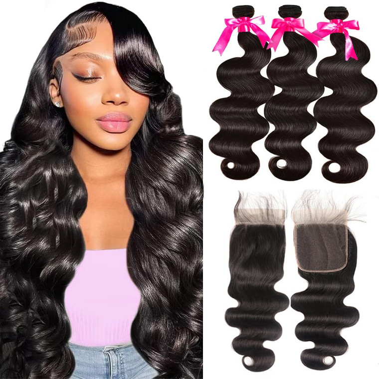 Flady Body Wave Brazilian Virgin Human Hair 3 Bundles With Closure - 12A Unprocessed 100% Virgin Hair
