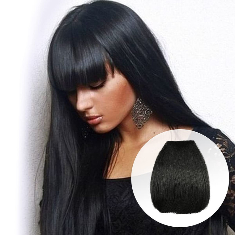 GLAM21USA Clip In Hair Bang Extension Clip on Bang China Bang Synthetic Hair Piece Extensions for Women (China-Bang, 1B-Off Black)