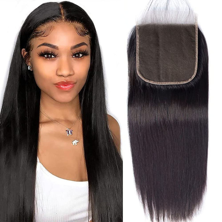 DMS Brazilian Hair Closure - Straight Lace Closure, Human Hair, 4x4, Free Part, 100% Unprocessed, Natural Color 12A, Virgin, Top Swiss Lace, 14Inch