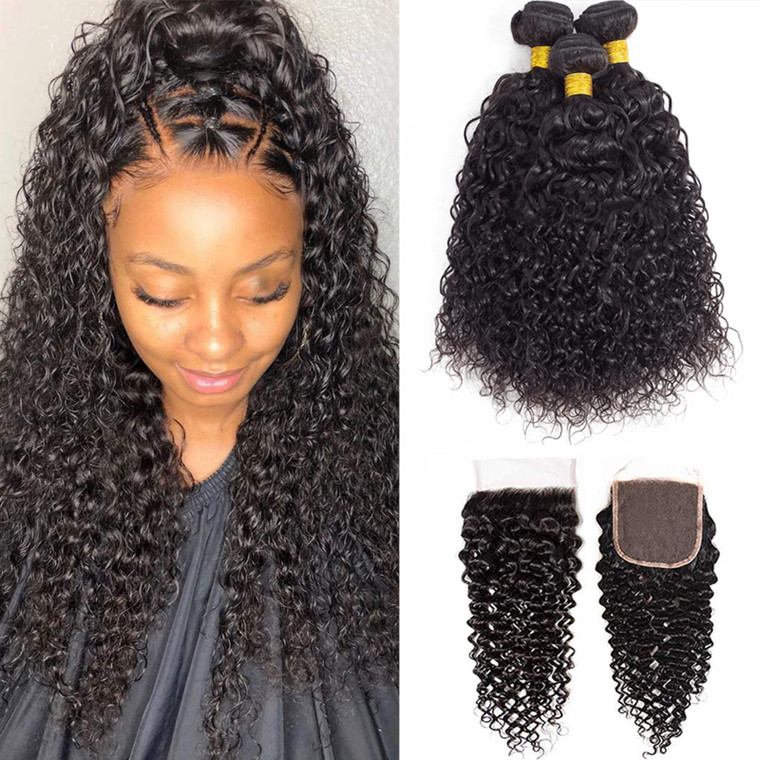 12A Brazilian Curly Bundles Human Hair with Closure (20 22 24+18") 100% Unprocessed Virgin Remy Kinky Curly Human Hair Weave Bundles with Lace Closur