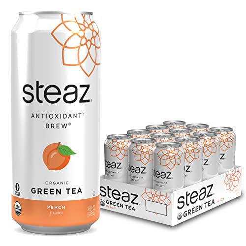 Steaz - Organic Green Tea - Peach Flavored (12 Pack) - Antioxidant Brew - 65mg Natural Caffeine, 90 Calories, Vitamin C - Cane Sugar Sweetened Iced T