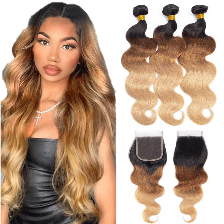 12A Ombre Bundles with Closure Human Hair (20 22 24+16") Brazilian Ombre Body Wave Human Hair Weave Bundles with Closure 100% Unprocessed Virgin Body