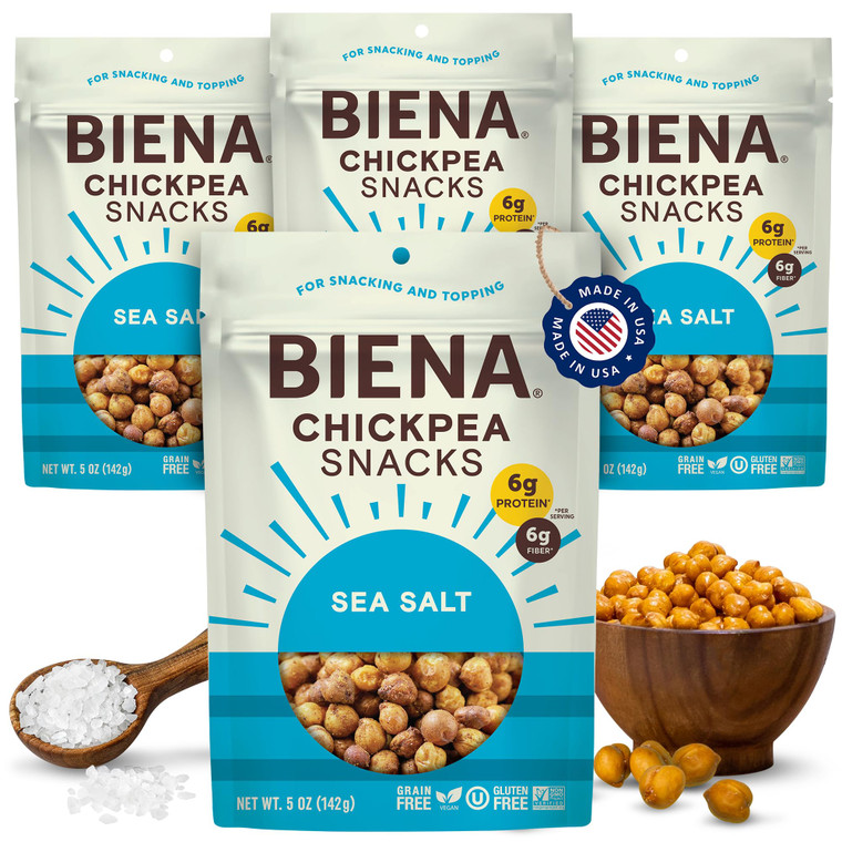 BIENA Chickpea Snacks - Crunchy Roasted Chickpeas - High Fiber Vegan Protein Snacks for Adults and Kids - 4-Pack, 5 Ounce Bags - Sea Salt