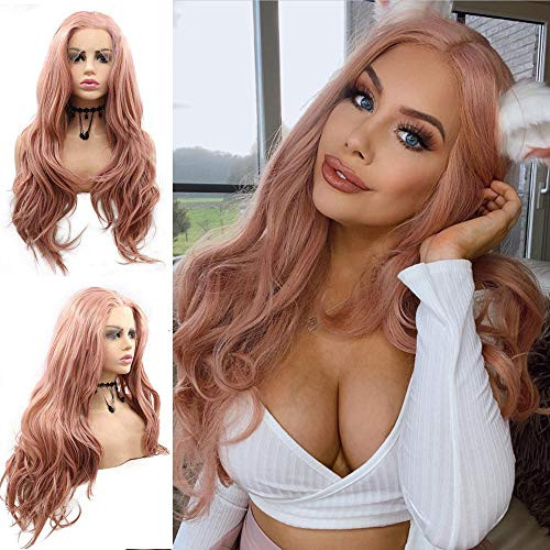 Rose Gold Lace Front Wigs for Women Narural Hairline Synthetic Long Wavy Lace Wigs Middle Part Colorful Glueless Real Hair Wig Heat Resistant Fiber D