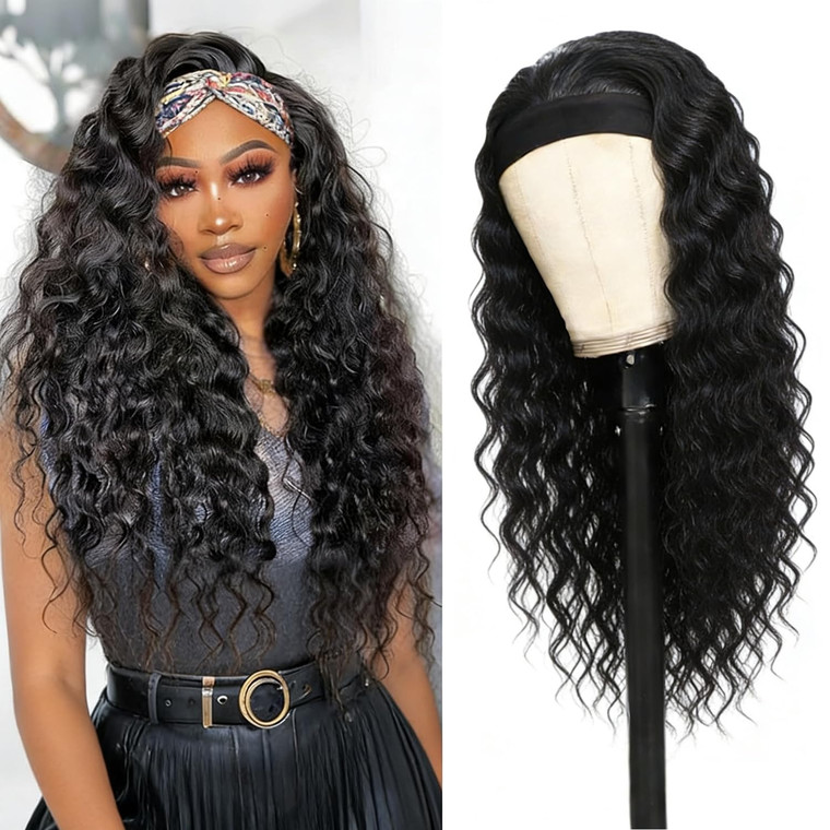 XSY Headband Wig Human Hair 26 Inch Deep Wave Human Hair Headband Wigs for Black Women Glueless Curly Headband Wig 150% Density Natural Color