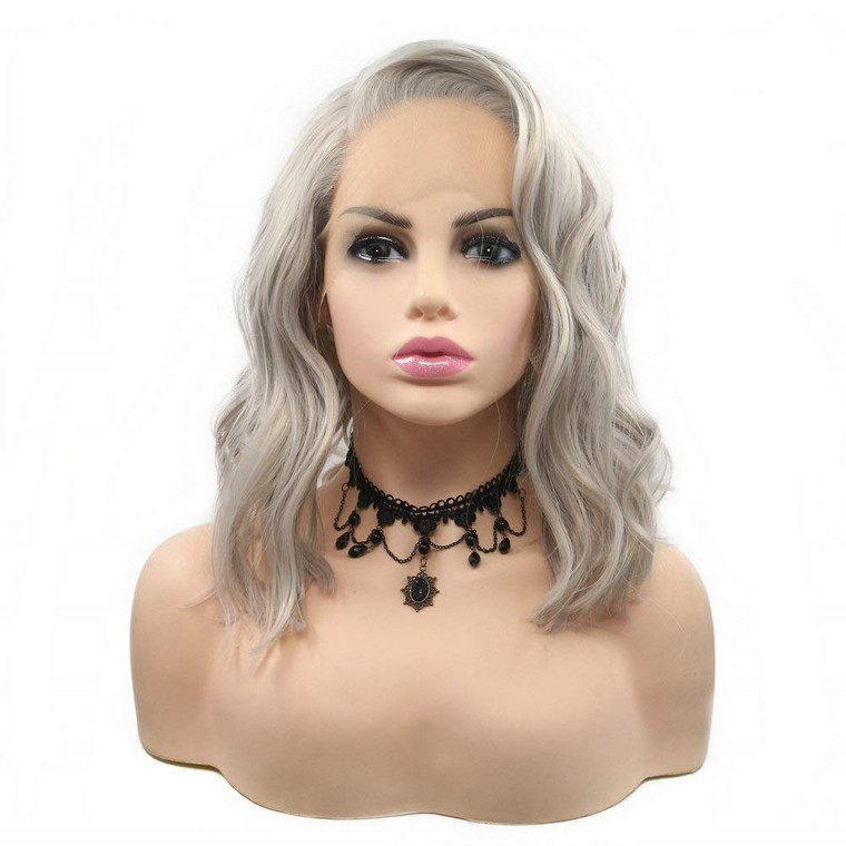 Xiweiya Silver Grey Short Cut Curly Synthetic Lace Front Wigs Bob Hair Curly Lace Wigs Side Parting Heat Resistant Wigs For Women Platinum Gray Wigs