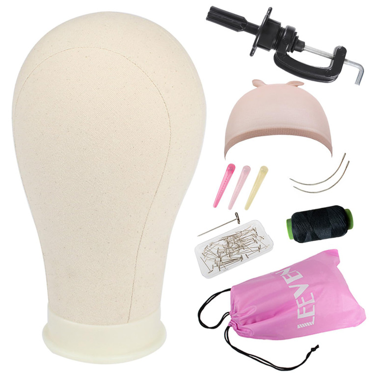 Leeven 21"-24" Poly Canvas Block Wig Head Hair practice Manikin Canvas Head for Making/Drying/Styling Wigs Mannequin head With Table Clamp Stand and