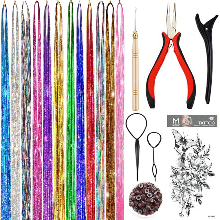 Hair Tinsel Kit, Fairy Tinsel Hair Extensions With Tool 2760 Strands 12 Colors Holographic Heat Resistant Sparkling Hair Glitter for Christmas New Ye