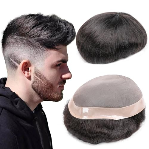 lumeng Toupee Hair for Men Hair Replacement System for Men Mono Lace Hairpiece Unit 8x10 Inch 1B Off Black Super Durable Lace Male System 100% Human