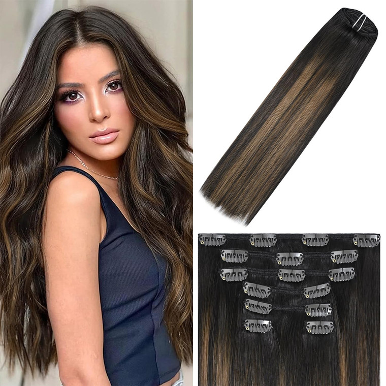WindTouch Clip In Hair Extensions Human Hair Balayage Dark Brown to Chestnut Brown Highlights for Brown Hair 18Inch 75g #2T6P2 7PCS Hair Extensions R