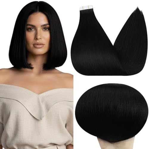 Full Shine Black Tape in Hair Extensions Human Hair 12 Inch Color 1 Jet Black Invisible Hair Extensions Tape in Double Sided Tape 20 Pcs Soft Remy Re