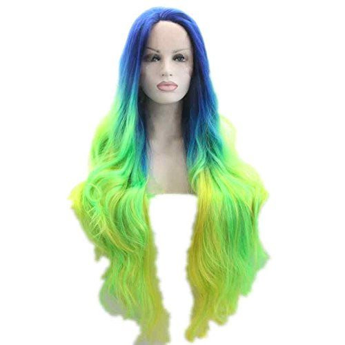 xiweiya Green Yellow Ombre Synthetic Lace Front Wig with Blue Roots Mixed Multi-color Lace Front Wig with Yellow Tips Natural Looking Heat Resistant