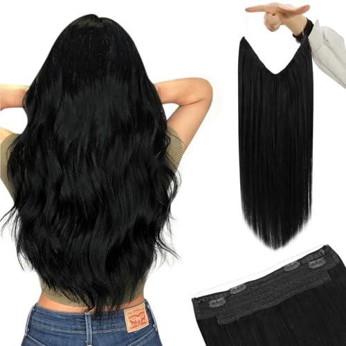 YoungSee Invisible Wire Hair Extensions Jet Black Human Hair Wire Extensions Black Fish Line Hair Extension Real Human Hair Easy to Wear 18inch 85g
