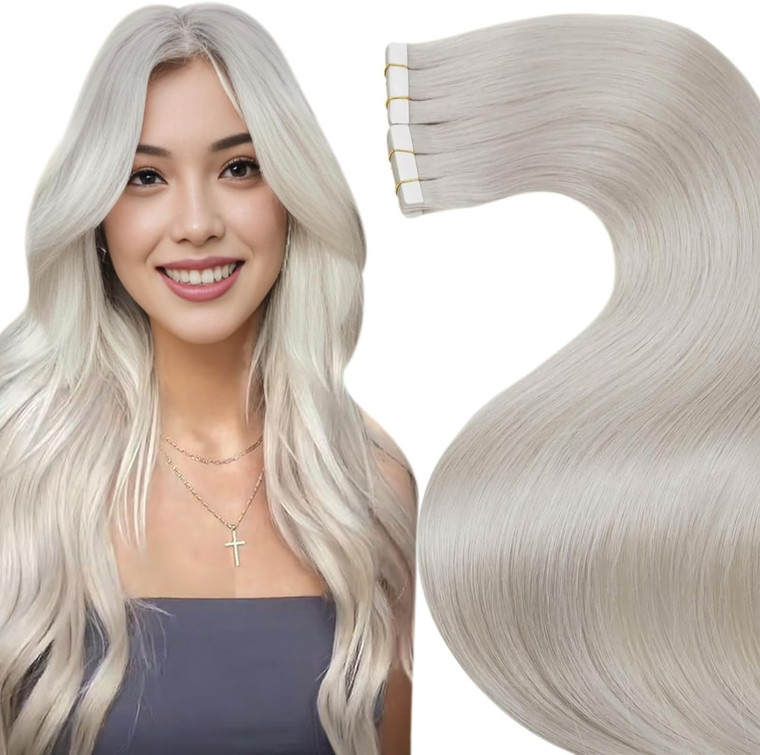 LaaVoo Tape in Hair Extensions Human Hair Tape in Extension Platinum Blonde 18 Inch Tape ins Hair Extension White Blonde Seamless Hair 20pcs/50gram