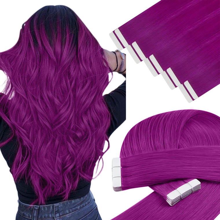 YoungSee Tape in Hair Extensions Purple Human Hair Tape in Extensions Purple 22In Colorful Tape on Hair Extension Real Human Hair Long-Hair Colored f